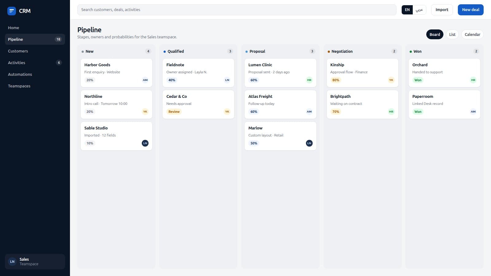 CRM — Customer and pipeline workspace